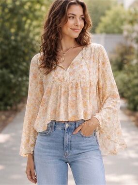 Billabong Hippie Days Floral Boho Bell Sleeve Top M NWT